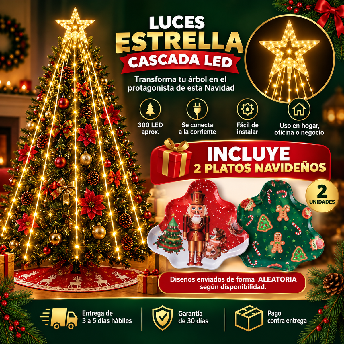 🎄 Luces Estrella Cascada LED + 2 Platos Navideños