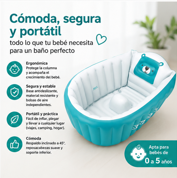 Bañera Inflable para Bebé – Seguridad y Comodidad en Cada Baño – Portátil y Práctica + Bomba de aire GRATIS